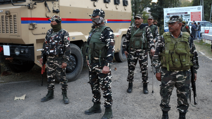 Security personnel keep vigil during the counting of votes for the Nagrota assembly constituency bypoll, in Jammu district, Friday, Nov. 14, 2025 | PTI