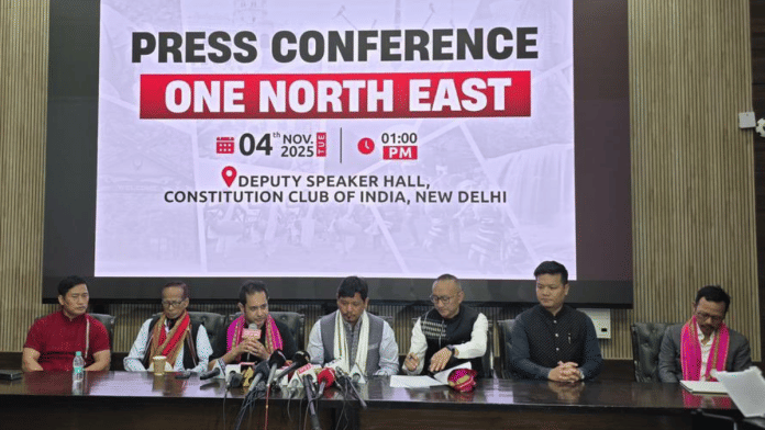 Meghalaya Chief Minister Conrad Sangma, along with former BJP national spokesperson and Nagaland minister Mmhonlumo Kikon, Assam’s Dima Hasao-based People’s Party founder Daniel Langthasa announce new Northeast alliance | X/@SangmaConrad
