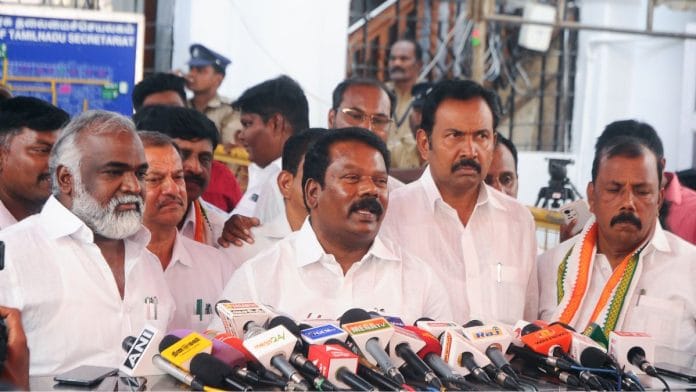 File photo: Tamil Nadu Congress chief K. Selvaperunthagai (centre) with other party leaders | ANI
