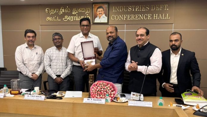 Tamil Nadu minister TRB Rajaa (third from left) and Kerala minister P Rajeev (fourth from left) held a meeting this week, along with the states' industries department secretaries | X: @PRajeevOfficial