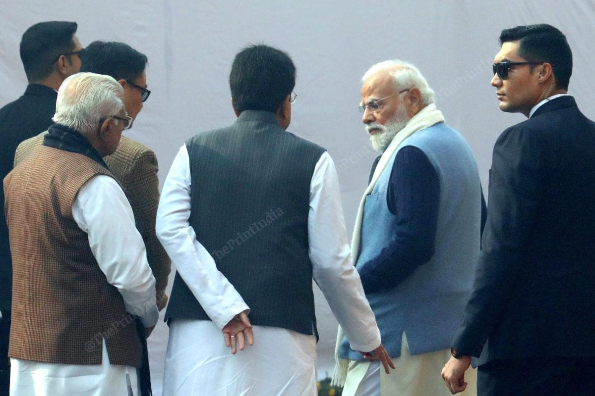 PM Narendra Modi with union ministers Piyush Goyal, Manohar Lal Khattar and Kiren Rijiju | Praveen Jain | ThePrint