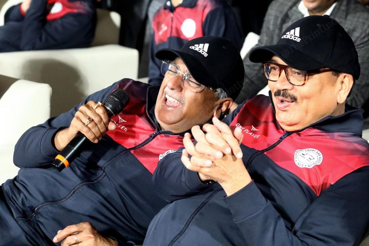 CJI Surya Kant and Supreme Court judge Vikram Nath share a light moment during the cricket match between Judges vs advocates at Arun Jaitley Stadium | Praveen Jain | ThePrint