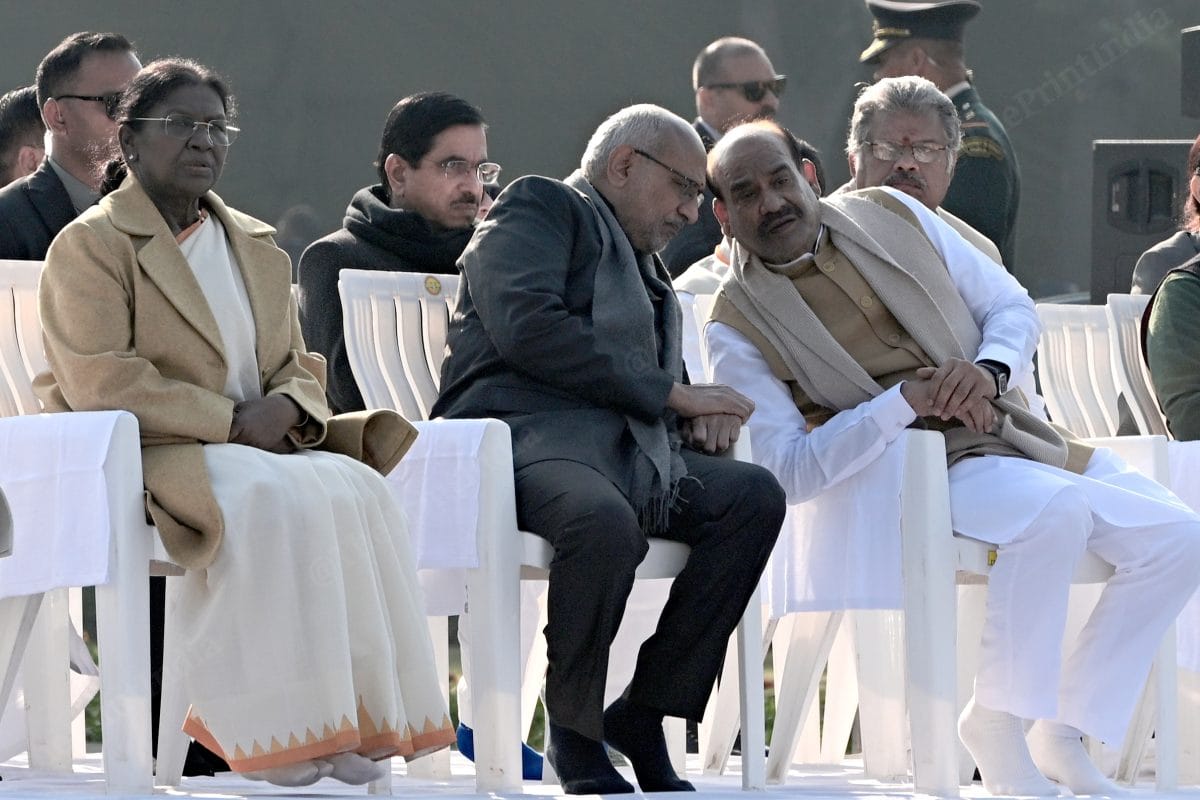 Vice-President C.P. Radhakrishnan (centre) speaks to Lok Sabha Speaker Om Birla | Suraj Singh Bisht | ThePrint