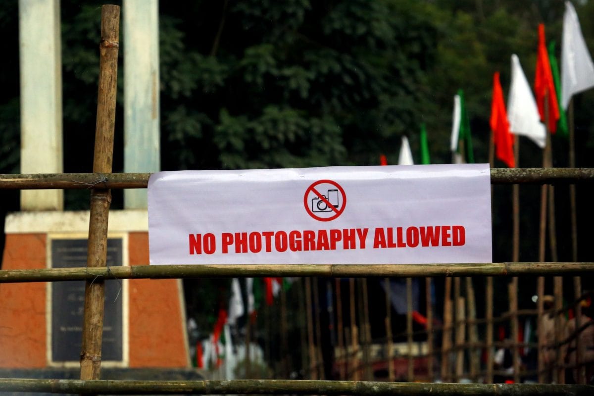 ‘No photography allowed,’ reads a sign hanging on the outer perimeter of Peace Ground in Manipur’s Churachandpur, where Prime Minister Narendra Modi addressed the public Saturday | Praveen Jain | ThePrint