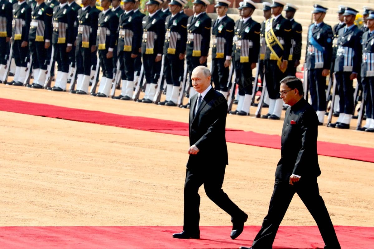 Russian President Vladimir Putin inspects the Guard of Honour during ceremonial reception at Rashtrapati Bhavan | Praveen Jain | The Print
