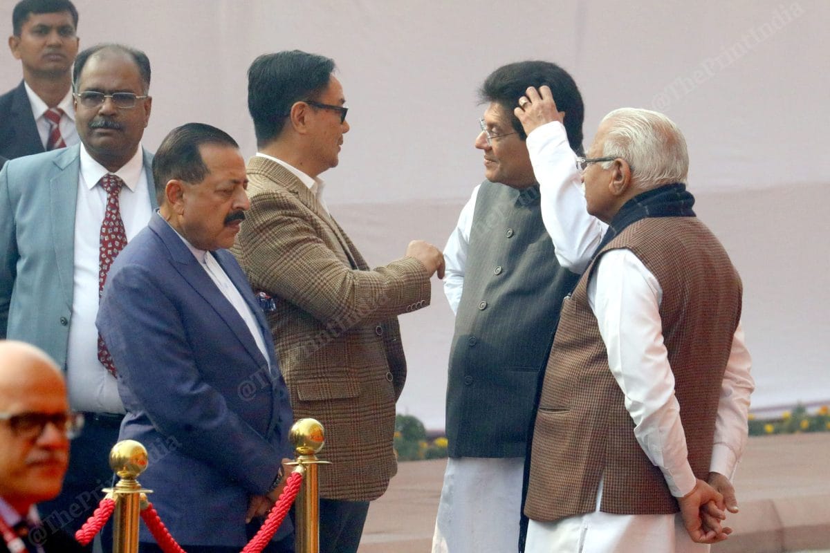 (L-R) Union Ministers Jitendra Singh, Kiren Rijiju, Piyush Goyal and Manohar Lal Khattar at Parliament House after pays homage to those who sacrificed their lives during the Parliament attack on 13 December, 2001 | Praveen Jain | ThePrint