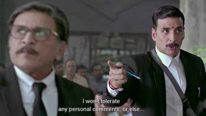 A courtroom scene involving Akshay Kumar in the trailer of Jolly LLB 2