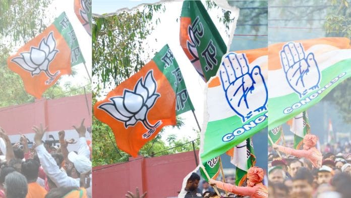 Representational images of BJP and Congress workers waving their respective party flags | ANI