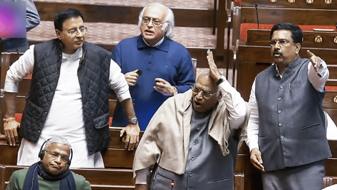 Rajya Sabha LoP Mallikarjun Kharge speaks in Rajya Sabha during the winter session of the Parliament in New Delhi on Monday, 1 December | ANI