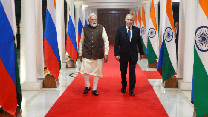 Prime Minister Narendra Modi and Russian President Vladimir Putin at the PM's official residence, 7 Lok Kalyan Marg, in New Delhi Thursday. | X/PM Modi