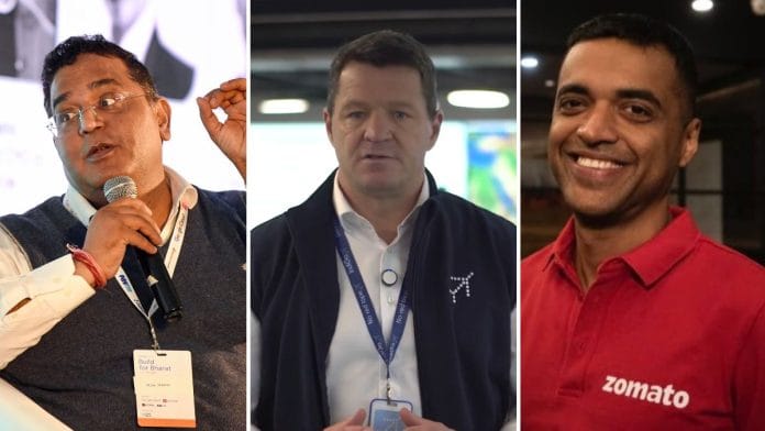 (L-R) Vijay Shekhar Sharma, Pieter Elbers, and Deepinder Goyal