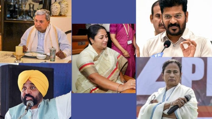 File photos of Siddaramaiah, Bhagwant Mann, Rekha Gupta, Revanth Reddy and Mamata Banerjee | ANI