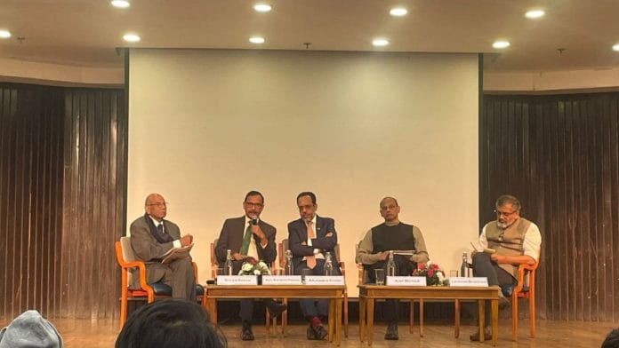 From left to right: Shyam Saran (President of IIC) moderates a panel which includes Ravi Shankar Prasad (former Special Secretary of the Ministry of Environment, Forest and Climate Change), Dr. Arunabha Ghosh (Special Envoy for South Asia, COP30), Ajay Mathur (former member of the PM’s Council on Climate Change) and Laveesh Bhandari (President of the Centre for Social and Economic Progress) | Udit Hinduja | ThePrint