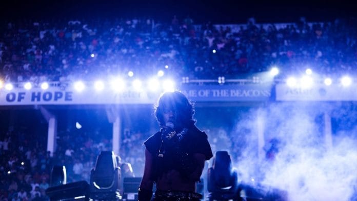 Vedan performs at the half-time show at Kozhikode's EMS stadium for the Super League Kerala Season 2 inaugural football match. | By special arrangement