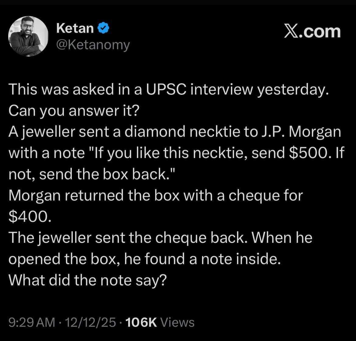 A screenshot of the X post featuring the interview question.