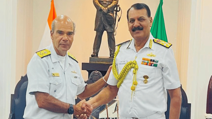 CNS Admiral Tripathi with Brazilian Navy Commander | X/@ANI