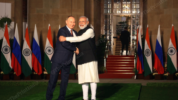 Prime Minister Narendra Modi receives Russian President Vladimir Putin at Hyderabad House | 6 December 2021 | ThePrint/@Praveen Jain