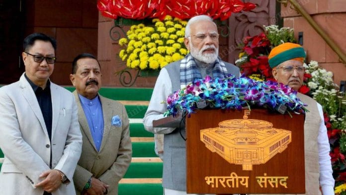 Prime Minister Narendra Modi addresses the media before the commencement of the Winter Session of Parliament in New Delhi Monday | Praveen Jain | ThePrint