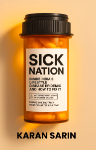 Cover image for 'Sick Nation' by Karan Sarin. The book's title appears as a label on an orange medicine bottle.