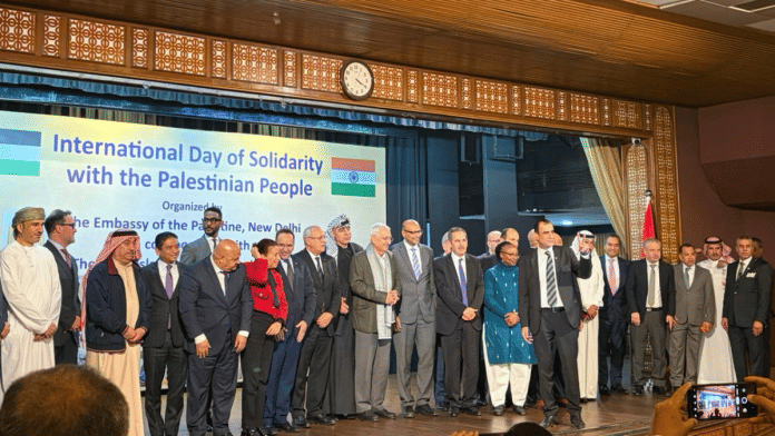 Senior diplomats and UN officials at the event commemorating International Day of Solidarity with the Palestinian People, in New Delhi's India Islamic Cultural Centre on Wednesday | Debdutta Chakraborty | ThePrint