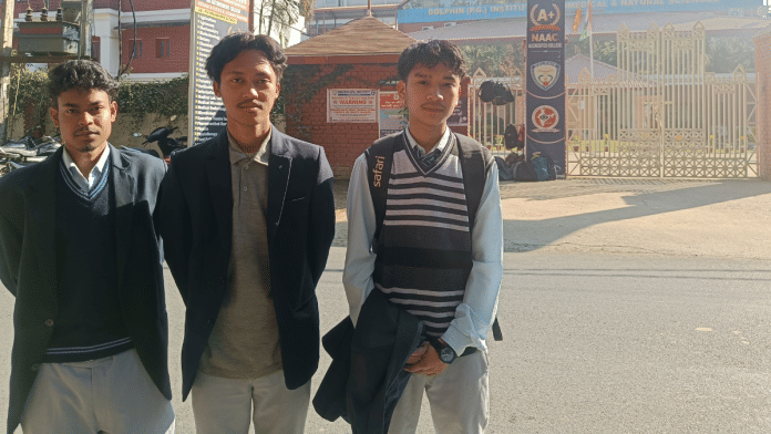 Uday Mahto, Ristom Debbarma and Bomke Karcho outside the Dolphin Institute in Dehradun. | Krishan Murari/ThePrint