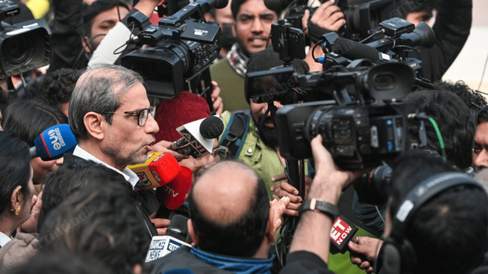 The survivor's lawyer, Mehmood Pracha, speaks to the media outside the Supreme Court Monday | Suraj Singh Bisht | ThePrint