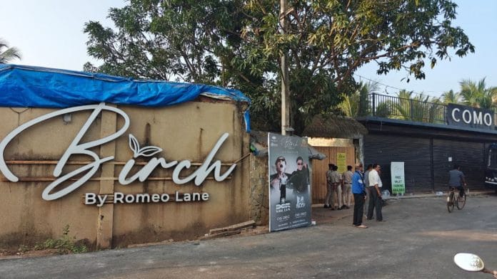 Police personnel outside the North Goa nightclub where 25 people were killed in a fire Saturday night | Mayank Kumar | ThePrint