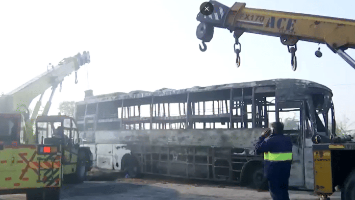 Screengrab from video showing buses gutted after a massive collision and fire on the Delhi-Agra Expressway | X/@ANI