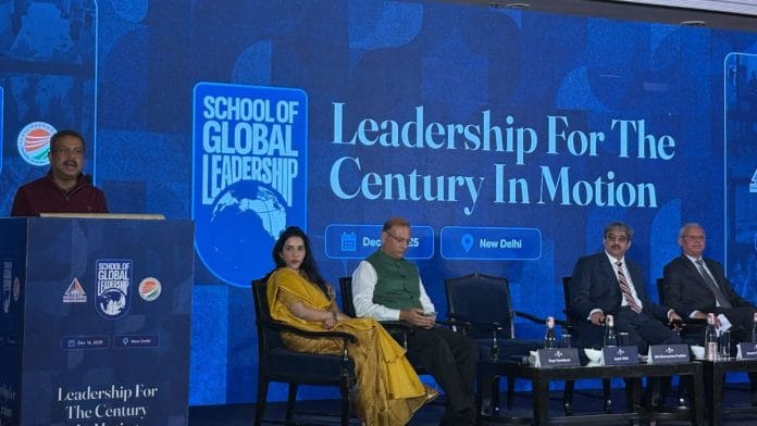 (L-R) Dharmendra Pradhan, Rupa Vasudevan, Jayant Sinha, Gautam Bambawale, and Jaideep Mazumdar at the launch of School of Global Leadership in Delhi