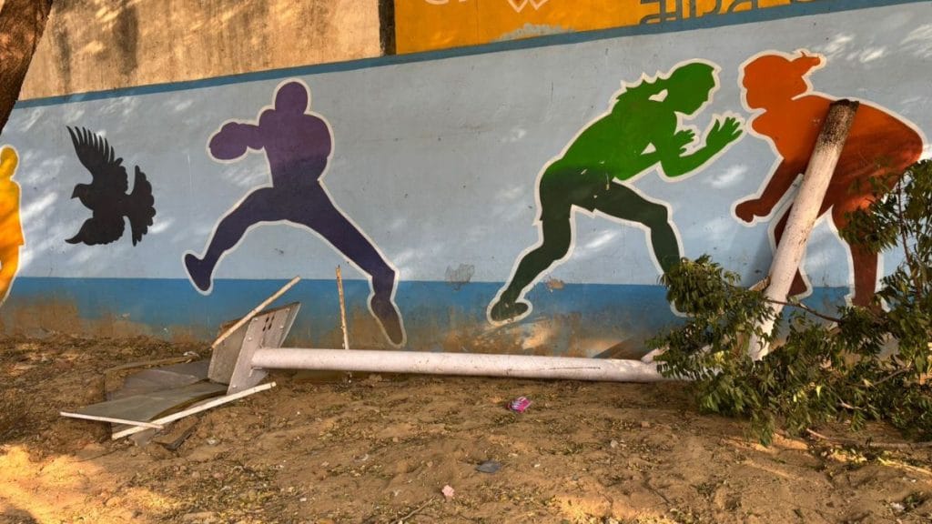 A dismantled basketball pole at Maharishi Dayanand Stadium in Jhajjar. Samridhi Tewari | ThePrint