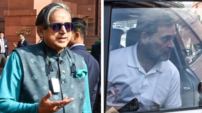 Congress MPs Shashi Tharoor and Rahul Gandhi in Parliament premises during the winter session | ANI/Jitender Gupta