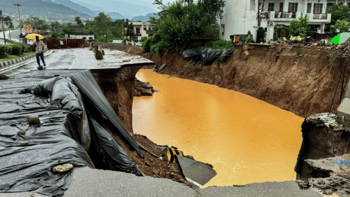 A portion of the Jammu Srinagar National Highway collapsed and washed away following continious rains, in Udhampur on Wednesday, 02 September 2025 | ANI