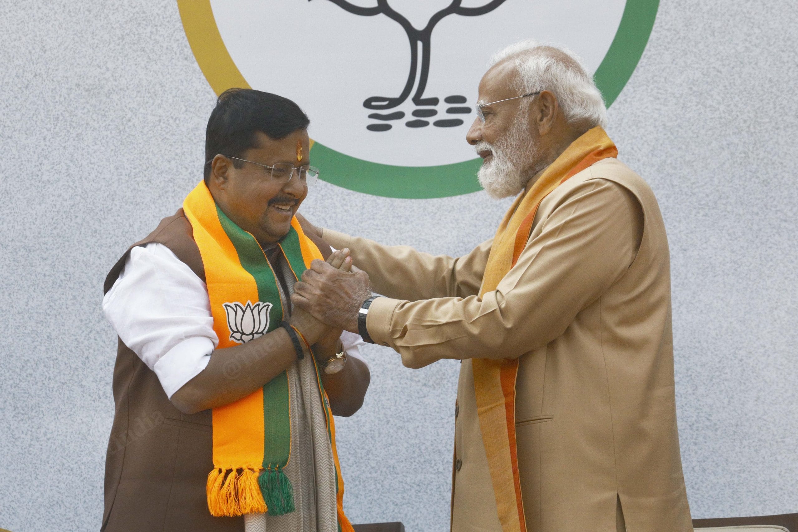 PM Modi congratulates multi-term Bihar MLA Nitin Nabin as he took charge as the national president of the BJP Tuesday. | Praveen Jain/ThePrint 