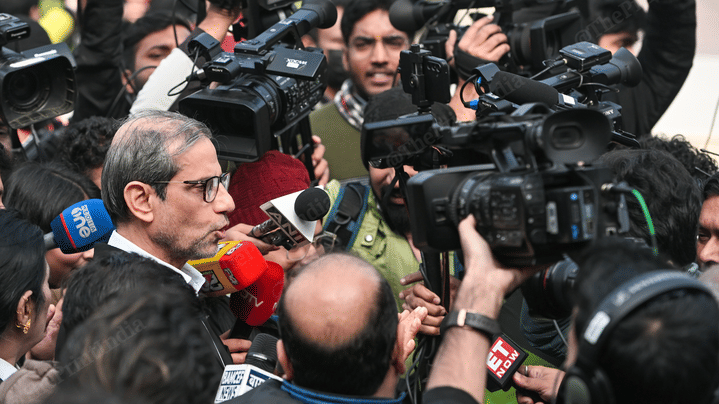 Advocate Mehmood Pracha, Unnao rape survivor's counsel, speaking to media persons outside the Supreme Court after the top court stayed the suspension of the life sentence handed to ex-MLA Kuldeep Singh Sengar | Suraj Singh Bisht | ThePrint