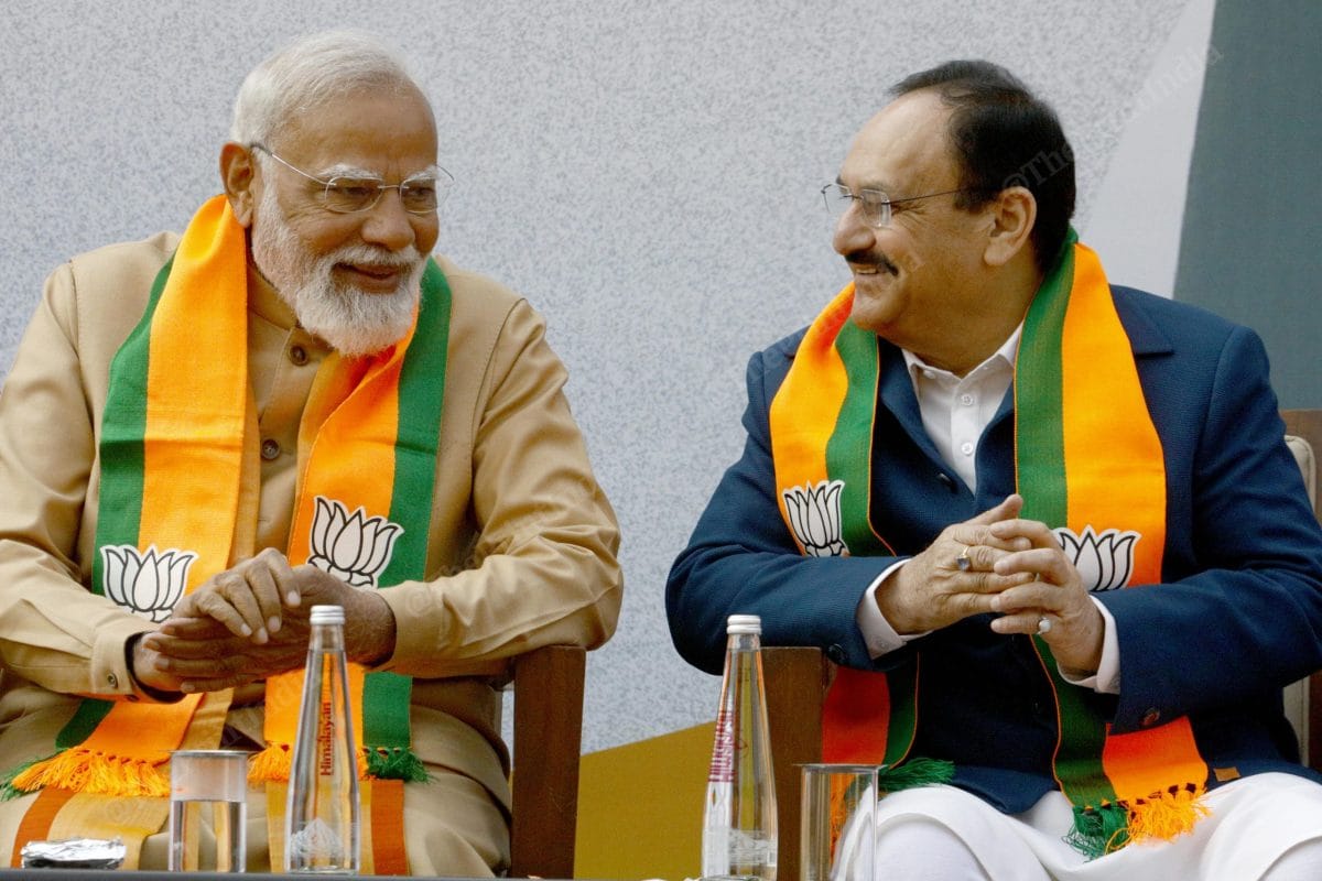 PM Modi with outgoing BJP president J.P. Nadda. | Praveen Jain/ThePrint 