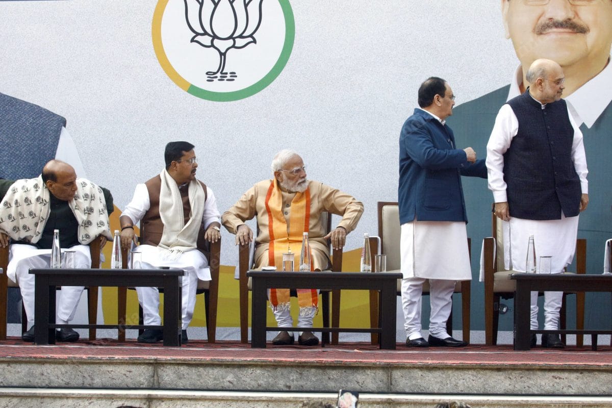 PM Modi with new BJP president Nitin Nabin, outgoing president J.P. Nadda, Home Minister Amit Shah and Defence Minister Rajnath Singh. | Praveen Jain/ThePrint 