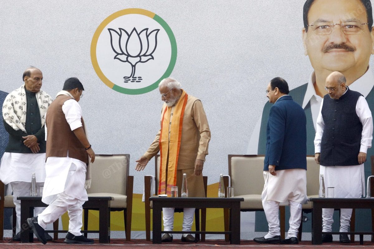 PM Modi offers seat to new BJP president Nitin Nabin at BJP headquarters. | Praveen Jain/ThePrint 