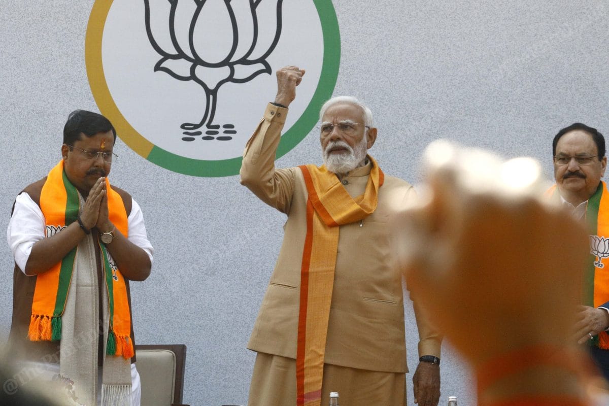 PM Modi with party president Nitin Nabin at BJP headquarters. | Praveen Jain/ThePrint 