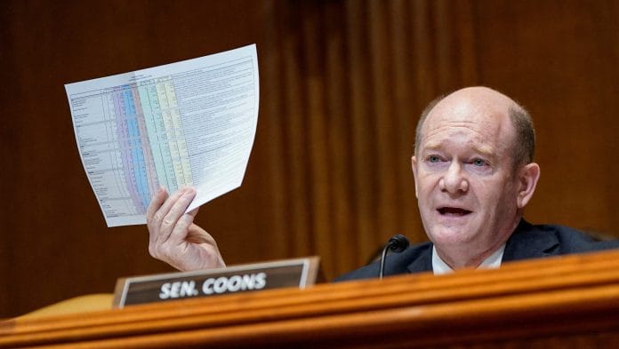 U.S. Senator Chris Coons (D-DE) attends a Senate Appropriations Committee hearing on U.S. President Donald Trump's budget request for the Department of Defense, on Capitol Hill in Washington, D.C., U.S., June 11, 2025. REUTERS/Elizabeth Frantz