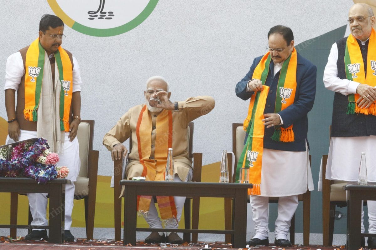 PM Modi and newly elected BJP president Nitin Nabin with outgoing president J.P. Nadda and Home Minister Amit Shah. | Praveen Jain/ThePrint 