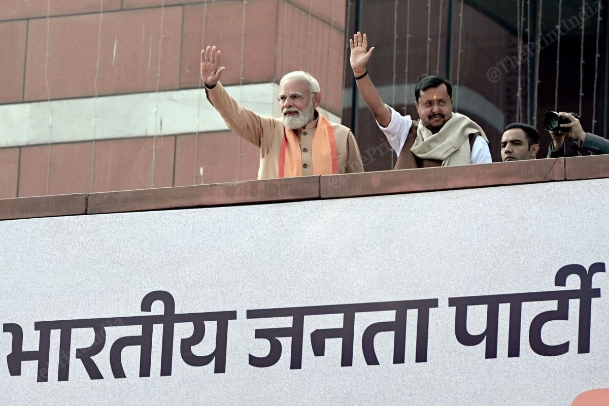 Prime Minister Narendra Modi with new BJP national president Nitin Nabin at the party headquarters in Delhi. | Suraj Singh Bisht/ThePrint