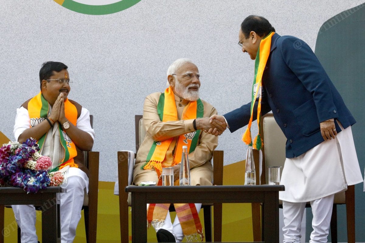 (L-R) Newly elected BJP president Nitin Nabin, PM Modi and outgoing BJP president J.P. Nadda. | Praveen Jain/ThePrint 