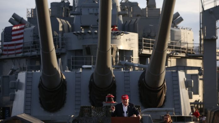 LOS ANGELES, CA - SEPTEMBER 15: Republican presidential candidate Donald Trump speaks during a campaign rally aboard the USS Iowa on September 15, 2015 in Los Angeles, California. Donald Trump is campaigning in Los Angeles a day ahead of the CNN GOP debate that will be broadcast from the Ronald Reagan Presidential Library in Simi Valley. Photo by Justin Sullivan/Getty Images via BLOOMBERG