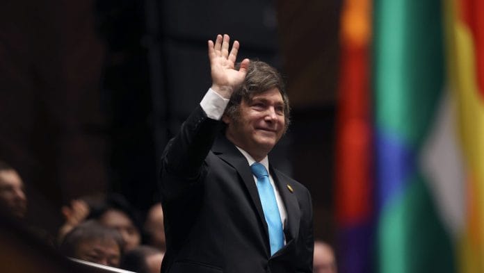 Javier Milei, Argentina's president, attends the inauguration ceremony of Rodrigo Paz, Bolivia's president, not pictured, at the National Legislative Assembly building in La Paz, Bolivia, on Saturday, Nov. 8, 2025. Paz was sworn in as president of Bolivia, ending two decades of uninterrupted socialist rule | Bloomberg