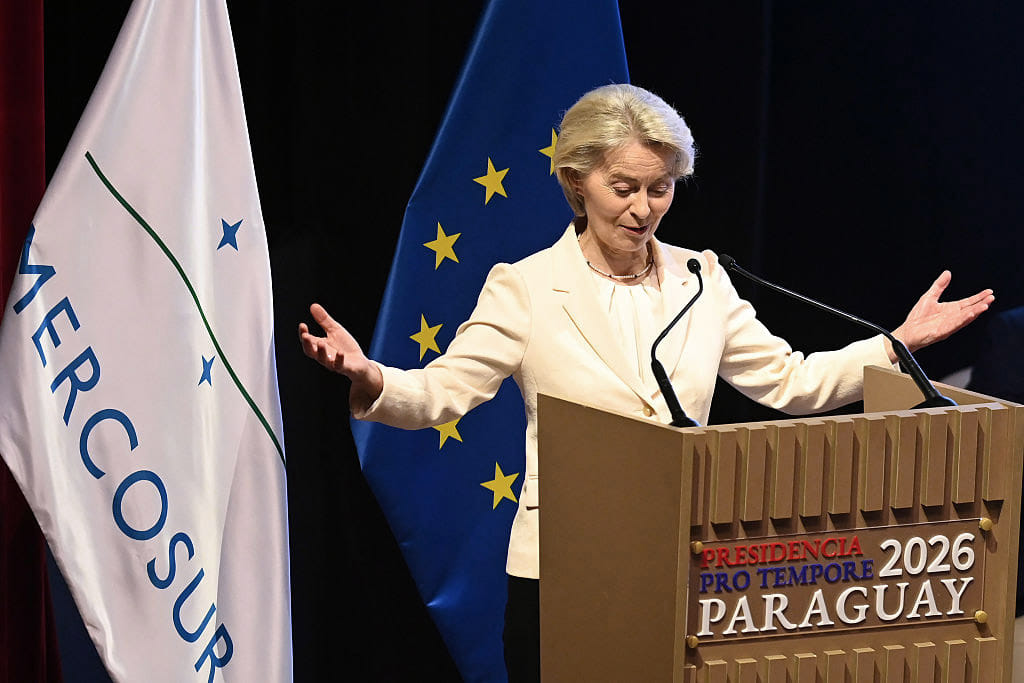Ursula von der Leyen gives a speech during the signing of an agreement between the EU and South American countries on Jan. 17 | Bloomberg