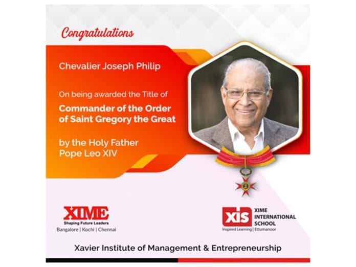 Chevalier Prof. J. Philip honoured by the Holy Father Pope Leo XIV with the title of 'Commander of the Order of Saint Gregory the Great'