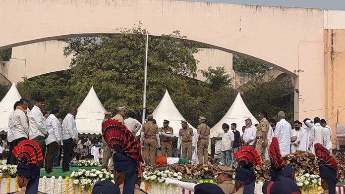 Ajit Pawar’s remains wrapped in the Indian flag by the state police at the Vidya Pratishthan grounds in Baramati | Kasturi Walimbe | ThePrint