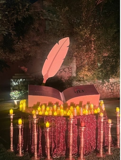 Sculpture of an open book reflecting the words 'Rambagh Palace' and 'Jaipur Literature Festival' | Photo: Insha Jalil Waziri, ThePrint