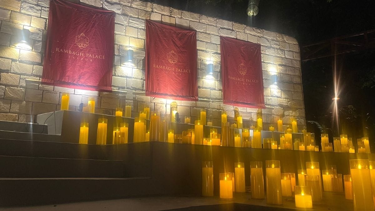 Banners and candles along the entryway