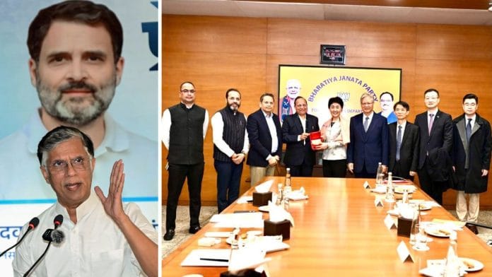 File photo of Congress leader Pawan Khera; Chinese Communist Party delegation at BJP HQ | Source: ANI/X/@ArunSinghbjp